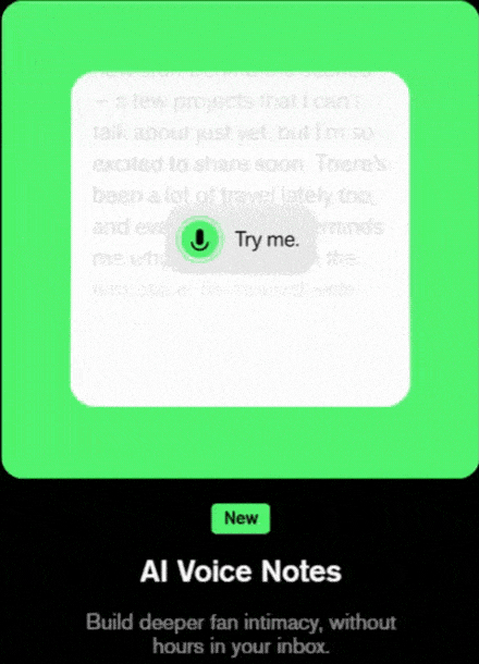 A graphic demonstrating the AI voice notes feature, showing a transcribed message being converted into audio.