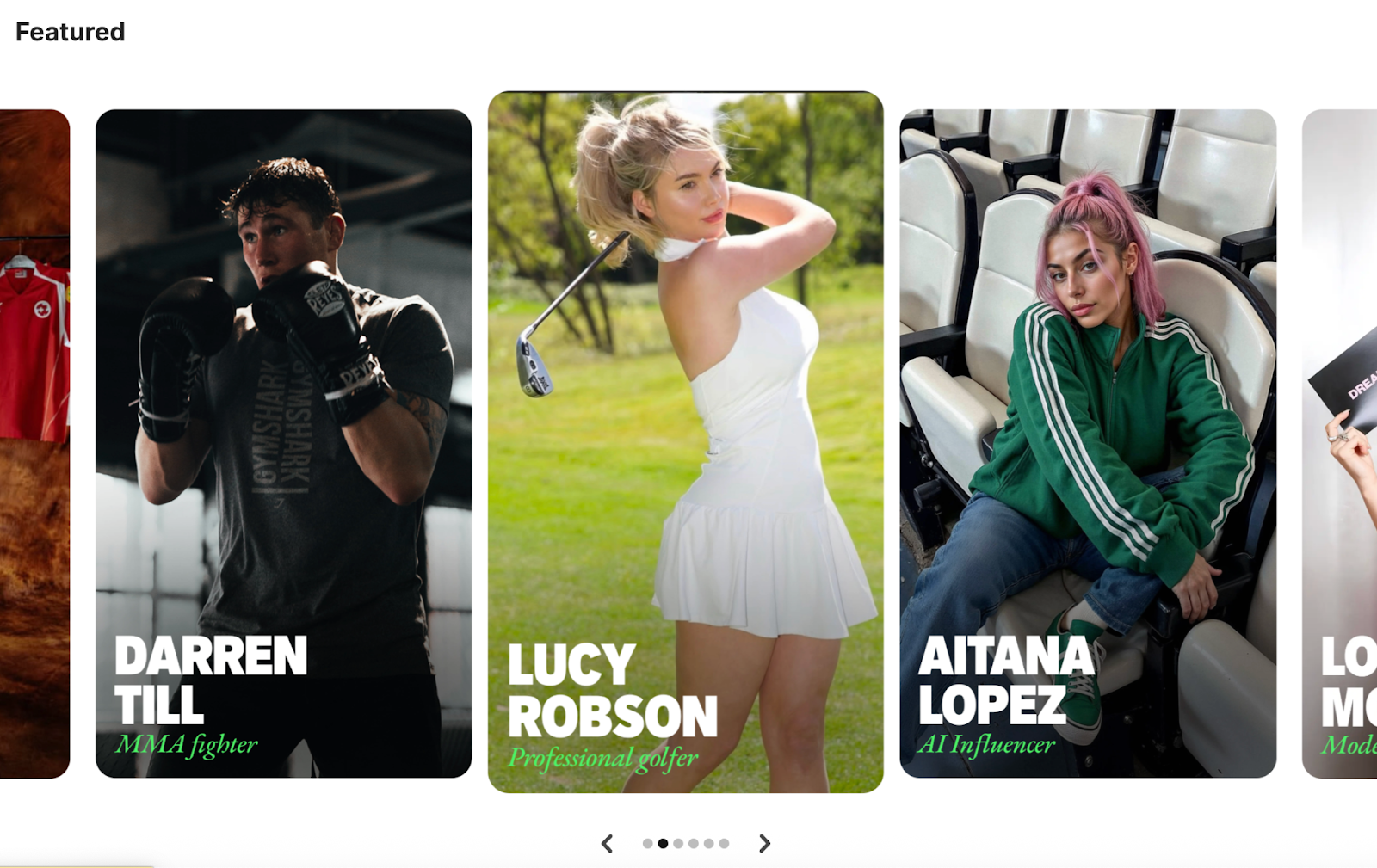 Carousel of featured creators highlighting different niches such as fitness, sports, and online influence showcasing athletes, influencers, and digital personalities.
