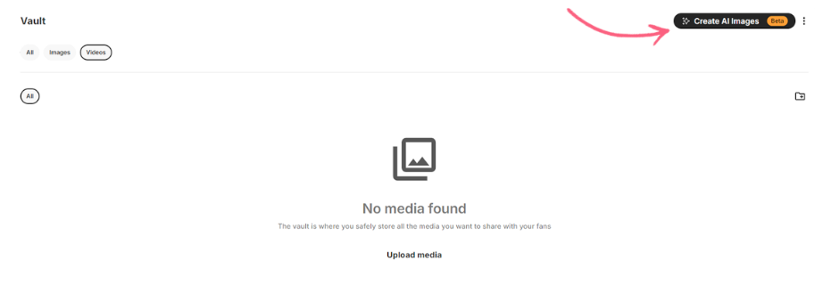 Screenshot of Fanvue’s Vault feature, with a red arrow pointing to the black “Create AI images” button.