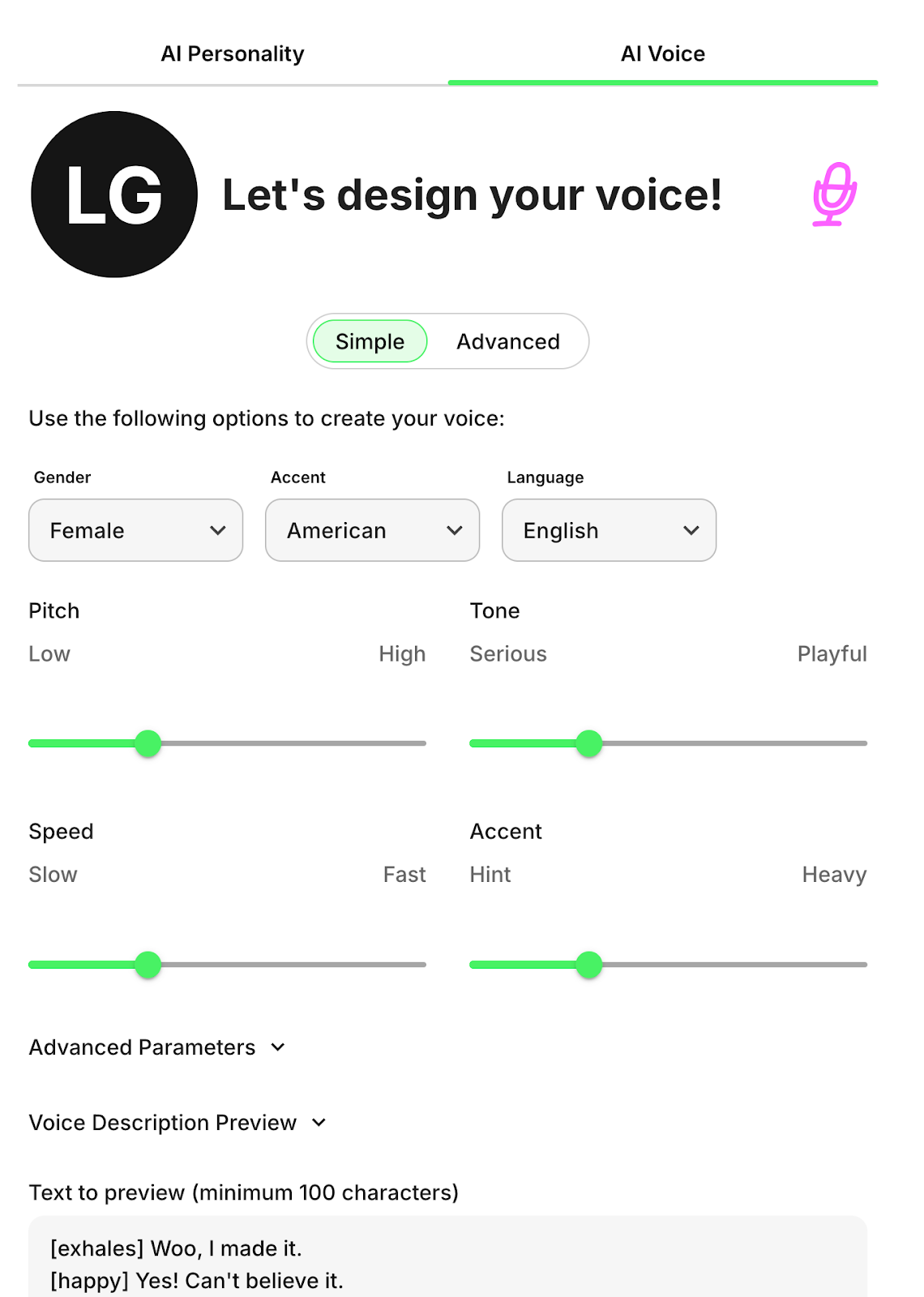 Screenshot of Fanvue’s AI Voice generator interface, showing options to design an AI-generated voice using options for gender, accent, language, speed, and accent